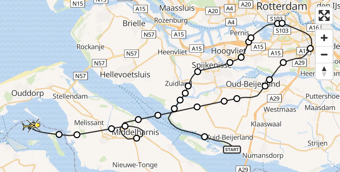Routekaart van de vlucht: Kustwachthelikopter naar Brouwershaven, Koninginneweg