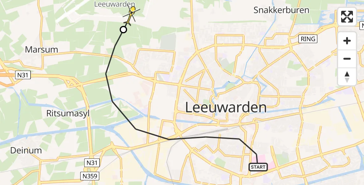 Routekaart van de vlucht: Ambulanceheli naar Vliegbasis Leeuwarden, Wijnhornsterstraat
