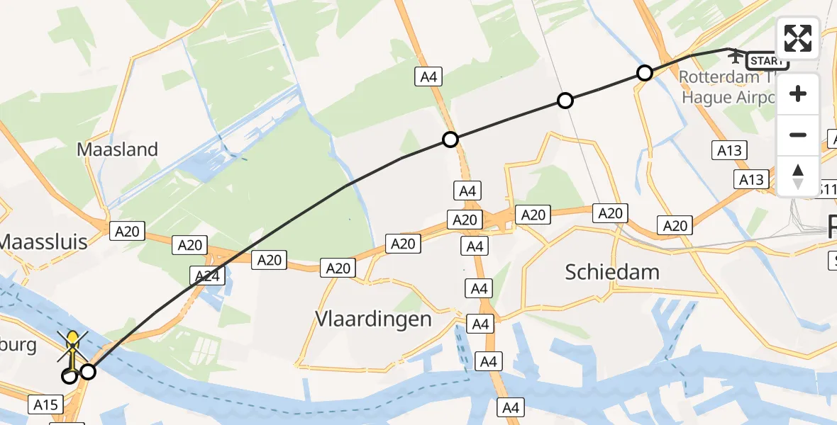 Routekaart van de vlucht: Lifeliner 2 naar Rozenburg, Vliegveldweg