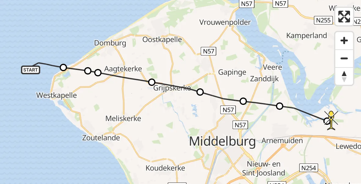 Routekaart van de vlucht: Kustwachthelikopter naar Vliegveld Midden-Zeeland, Calandweg