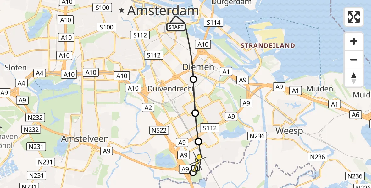 Routekaart van de vlucht: Lifeliner 1 naar Academisch Medisch Centrum (AMC), Zeeburgerdijk
