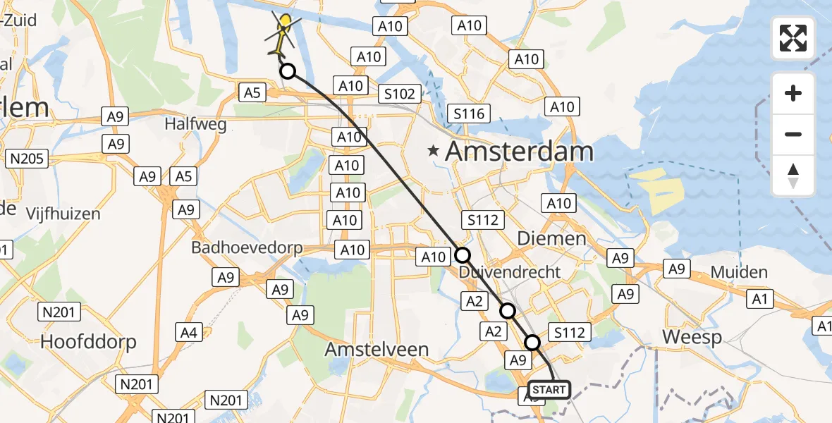 Routekaart van de vlucht: Lifeliner 1 naar Amsterdam Heliport, Paalbergweg