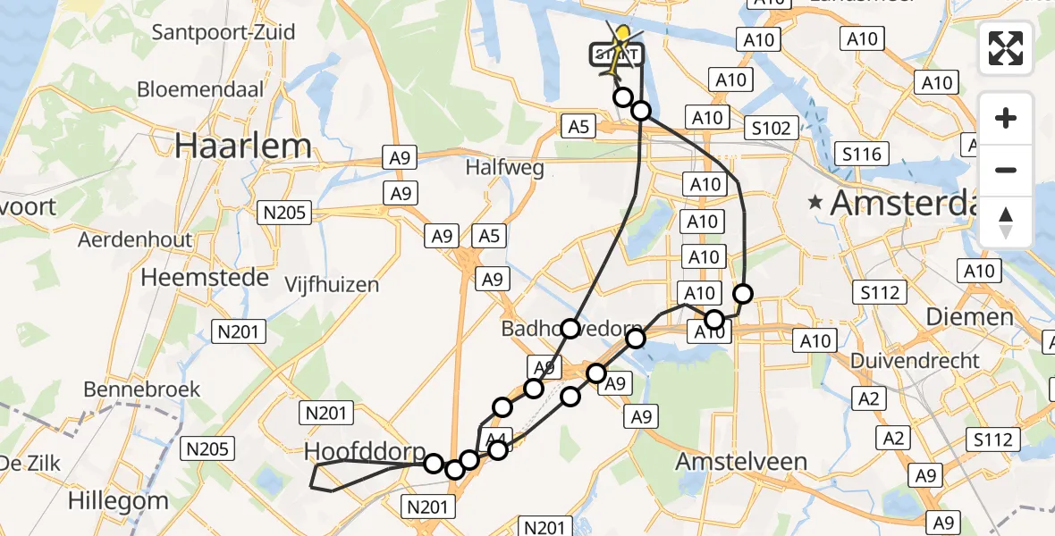 Routekaart van de vlucht: Lifeliner 1 naar Amsterdam Heliport, Westhaven