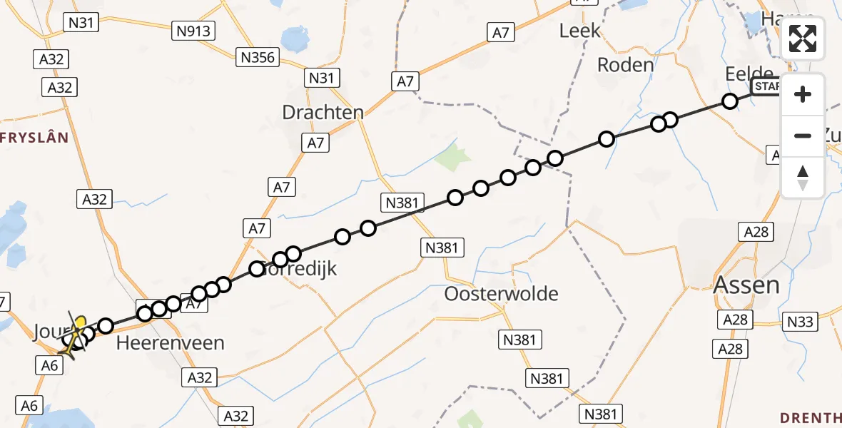 Routekaart van de vlucht: Lifeliner 4 naar Joure, Oosterloop