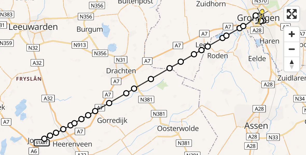 Routekaart van de vlucht: Lifeliner 4 naar Universitair Medisch Centrum Groningen, Sneekermeer