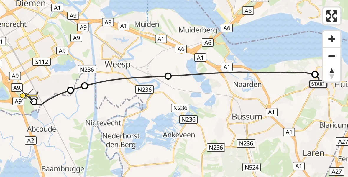 Routekaart van de vlucht: Lifeliner 1 naar Academisch Medisch Centrum (AMC), Oud Huizerweg