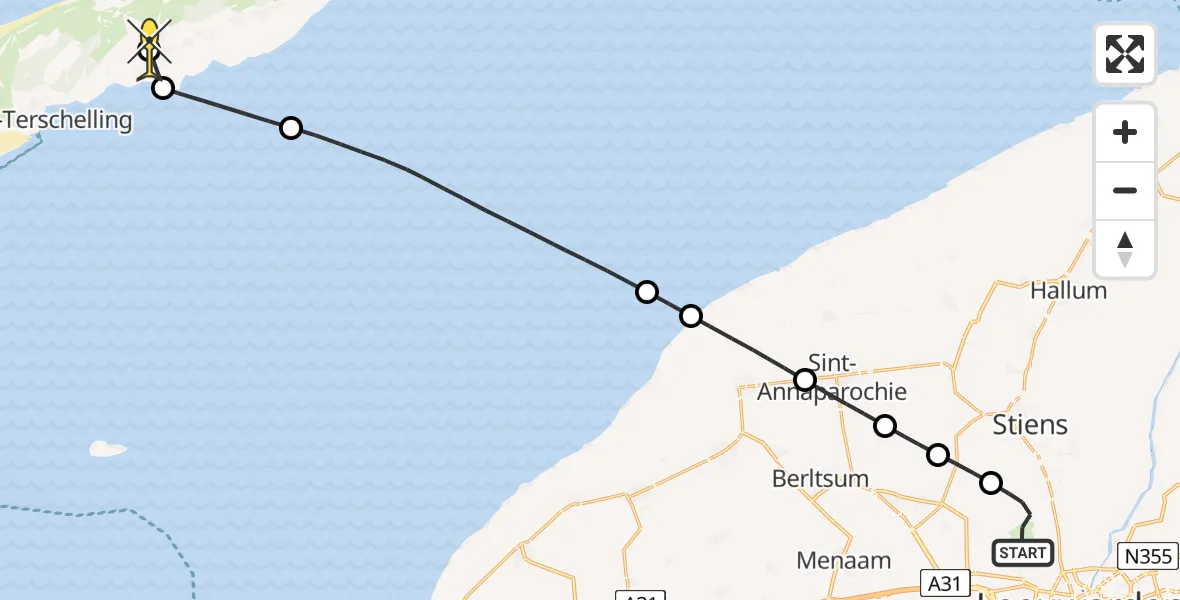 Routekaart van de vlucht: Ambulanceheli naar Midsland, Keegsdijkje