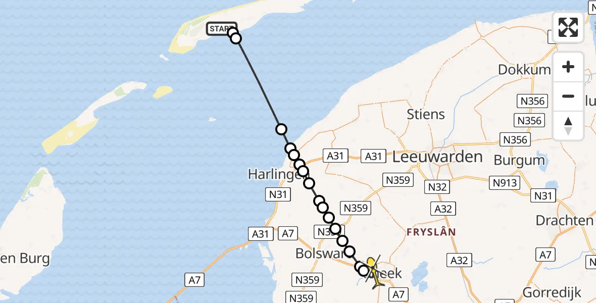 Routekaart van de vlucht: Ambulancehelikopter naar Sneek, Hornsjildeweg