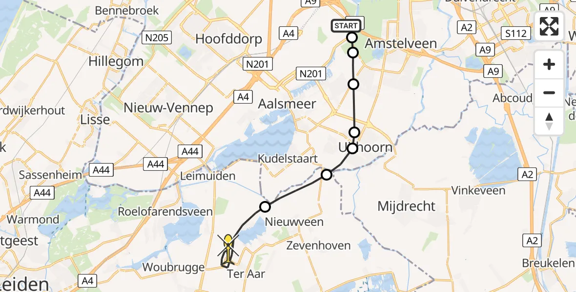 Routekaart van de vlucht: Politieheli naar Ter Aar, Houtwerf