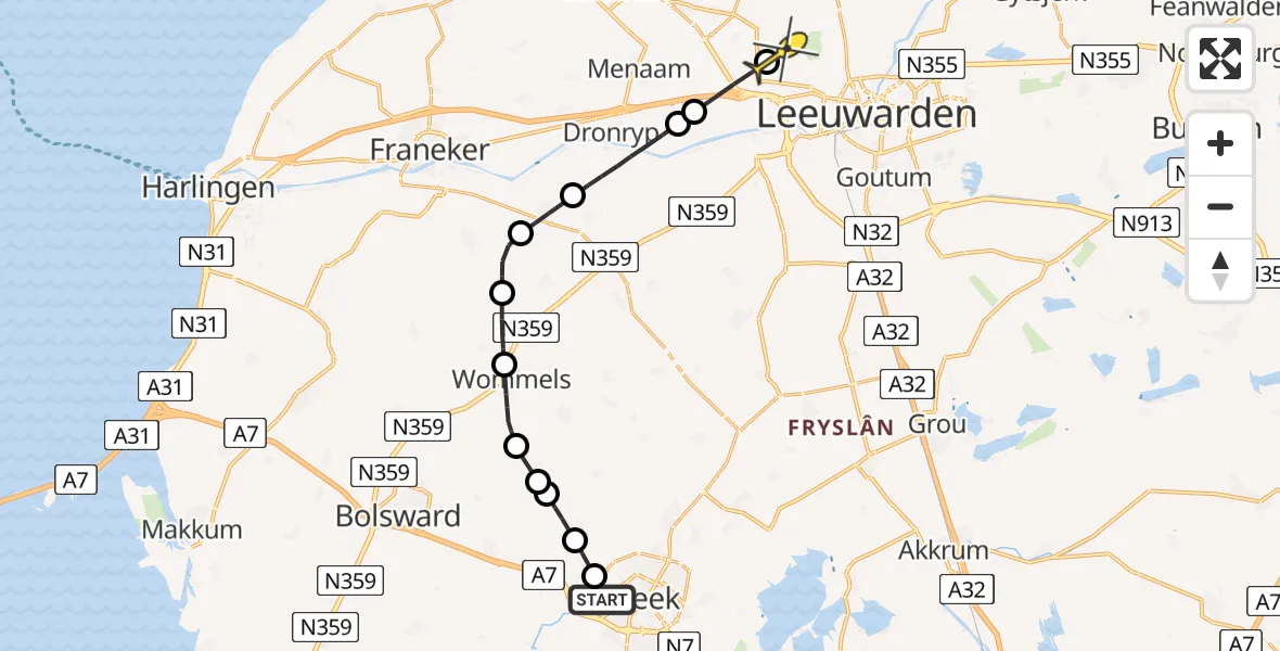 Routekaart van de vlucht: Ambulanceheli naar Vliegbasis Leeuwarden, Worpstrjitte
