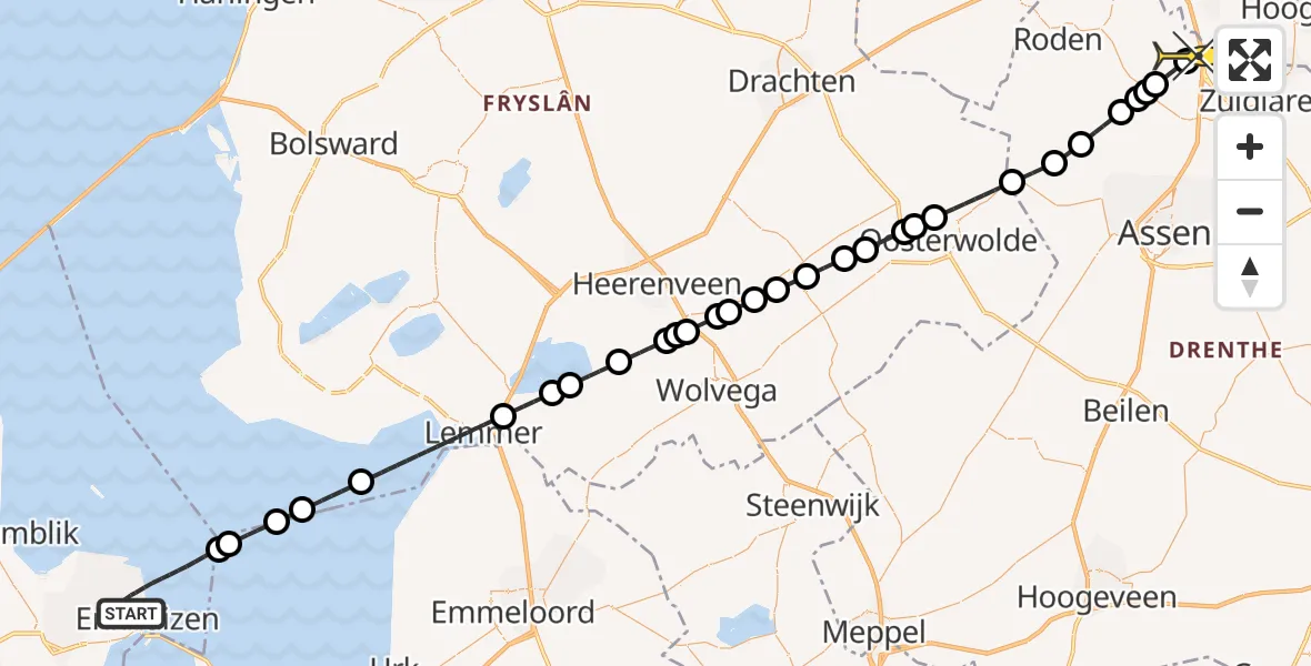 Routekaart van de vlucht: Lifeliner 4 naar Groningen Airport Eelde, Om de Lande