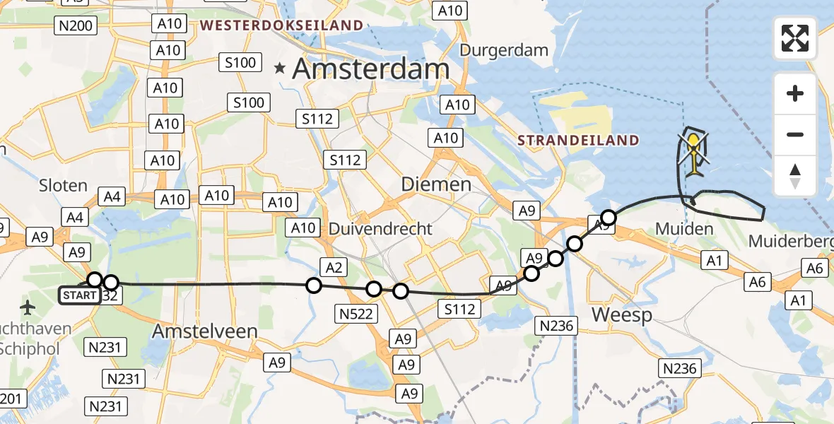 Routekaart van de vlucht: Politiehelikopter naar Muiden, Noordpolderweg
