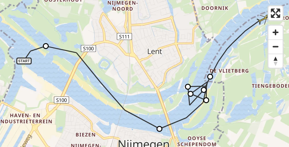 Routekaart van de vlucht: Politieheli naar Ooij, Kolk van Braam