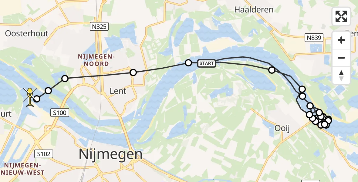 Routekaart van de vlucht: Politieheli naar Nijmegen, Erlecomsedam