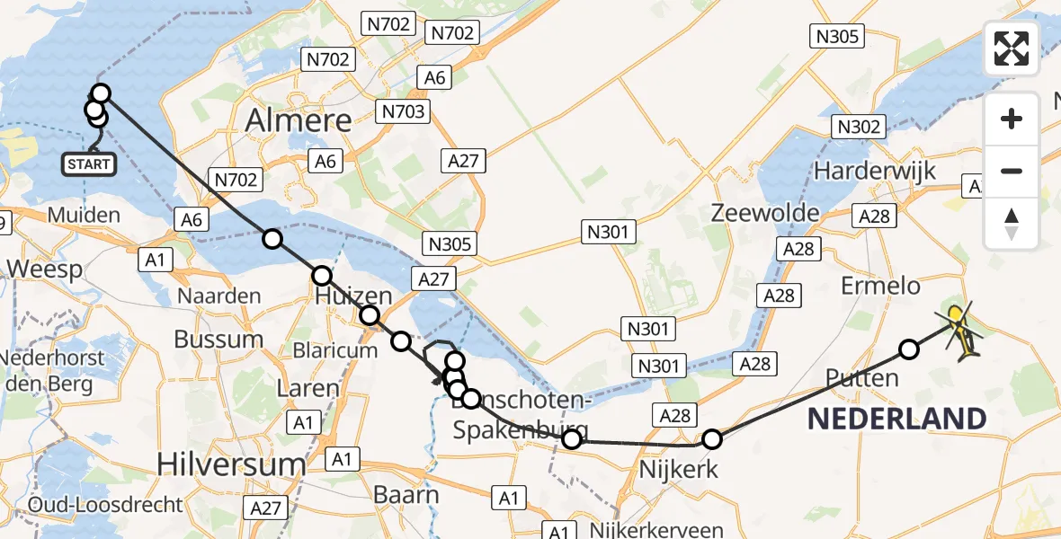 Routekaart van de vlucht: Politiehelikopter naar Ermelo, Fortwoning Pampus