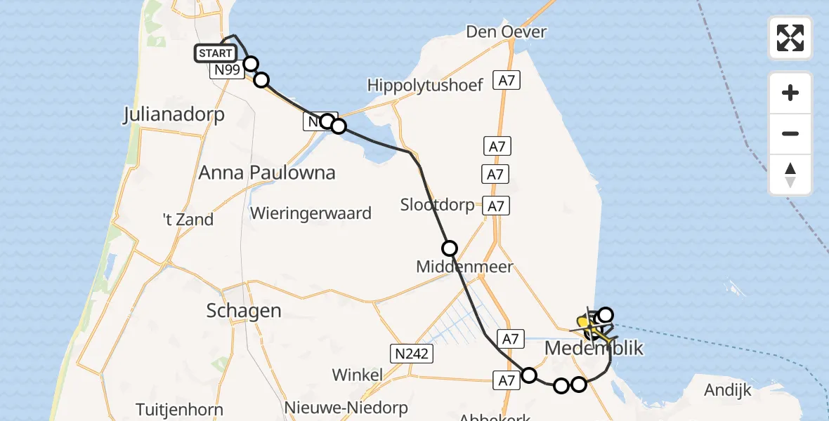 Routekaart van de vlucht: Kustwachthelikopter naar Wieringerwerf, Balgzanddijk