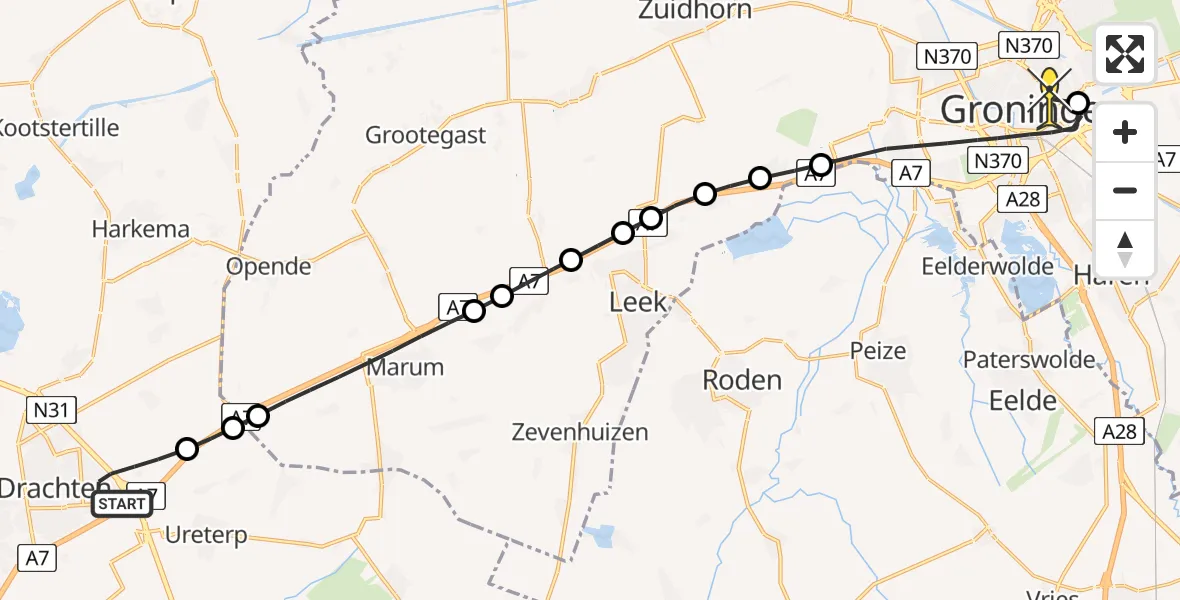 Routekaart van de vlucht: Lifeliner 4 naar Universitair Medisch Centrum Groningen, Gernaerd