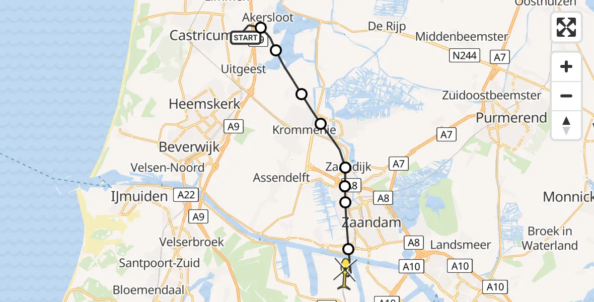 Routekaart van de vlucht: Politiehelikopter naar Amsterdam Heliport, Delving