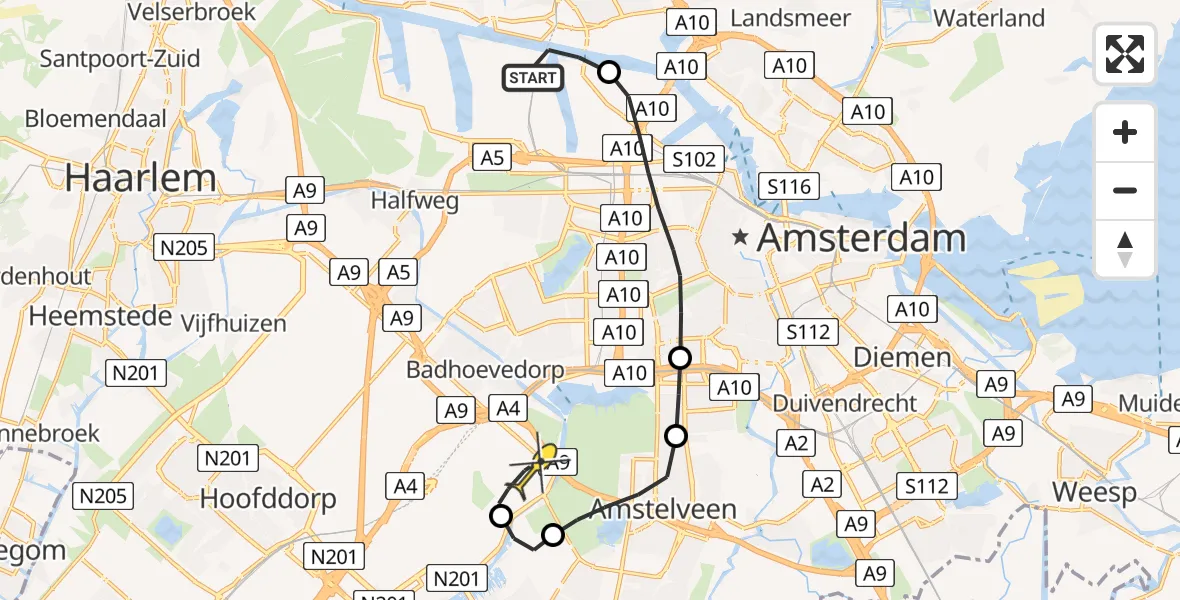Routekaart van de vlucht: Politieheli naar Schiphol, Hemweg