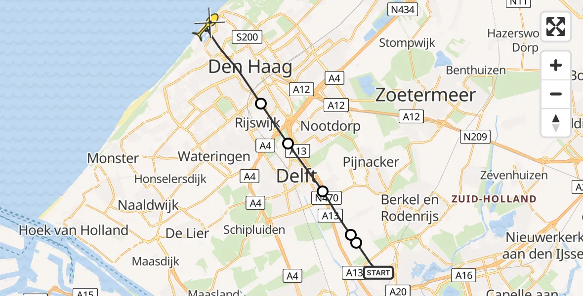 Routekaart van de vlucht: Lifeliner 2 naar Den Haag, Schieveense polder