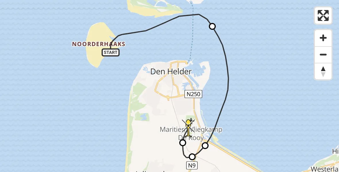 Routekaart van de vlucht: Kustwachthelikopter naar Vliegveld De Kooy, Veerhaven