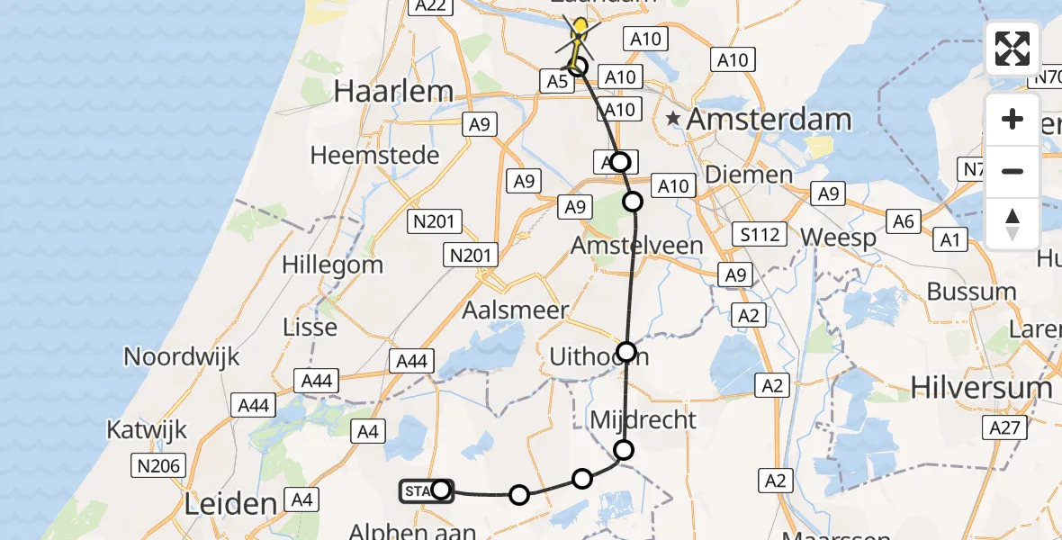 Routekaart van de vlucht: Lifeliner 1 naar Amsterdam Heliport, Ringdijk