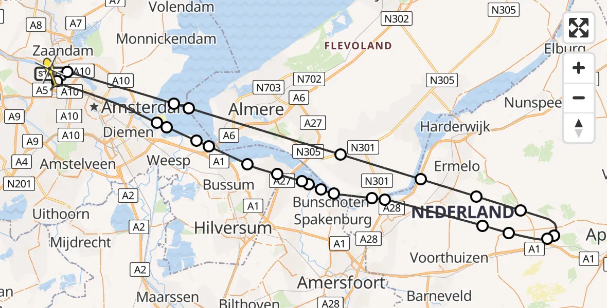 Routekaart van de vlucht: Lifeliner 1 naar Amsterdam Heliport, Belangenvereniging tuinders Zaanderhorn