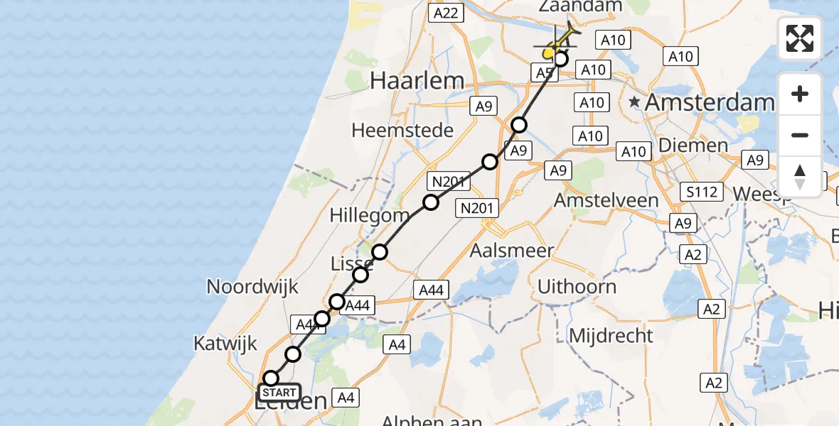 Routekaart van de vlucht: Lifeliner 1 naar Amsterdam Heliport, Nachtegaallaan