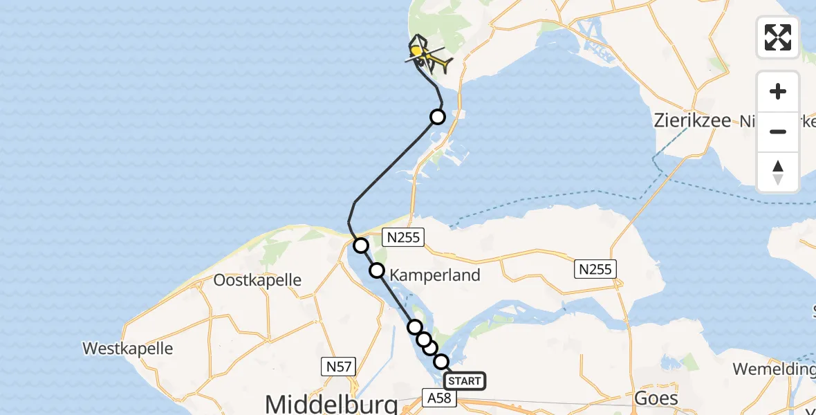 Routekaart van de vlucht: Kustwachthelikopter naar Burgh-Haamstede, Oranjeplaatweg