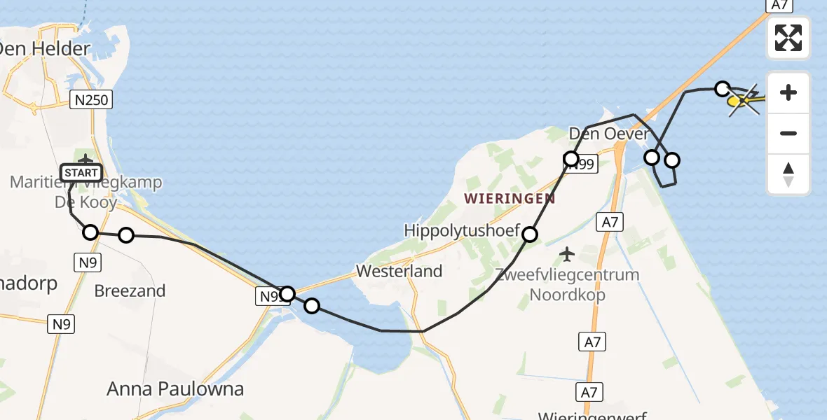 Routekaart van de vlucht: Kustwachthelikopter naar Wieringerwerf, Mastenmakersweg