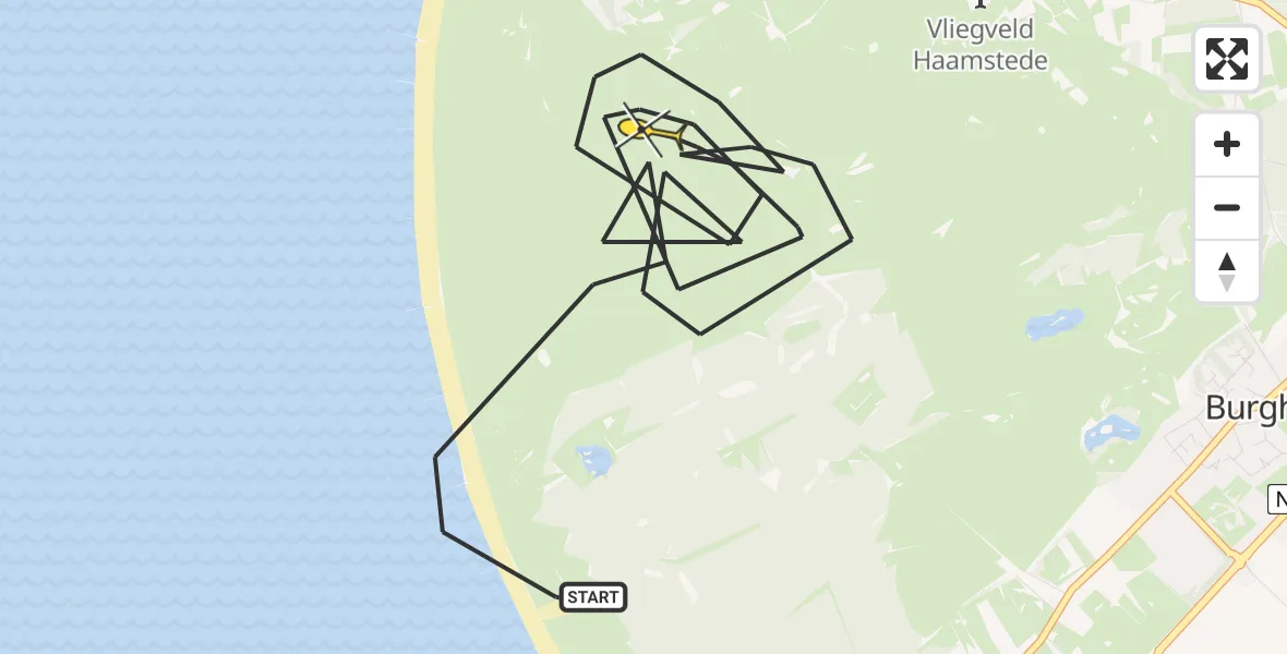 Routekaart van de vlucht: Kustwachthelikopter naar Burgh-Haamstede, Theunessehil
