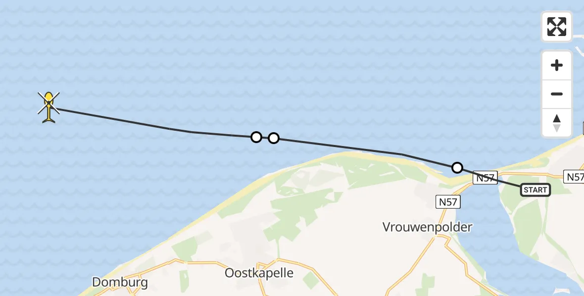 Routekaart van de vlucht: Kustwachthelikopter naar Vlissingen, Oost-westweg
