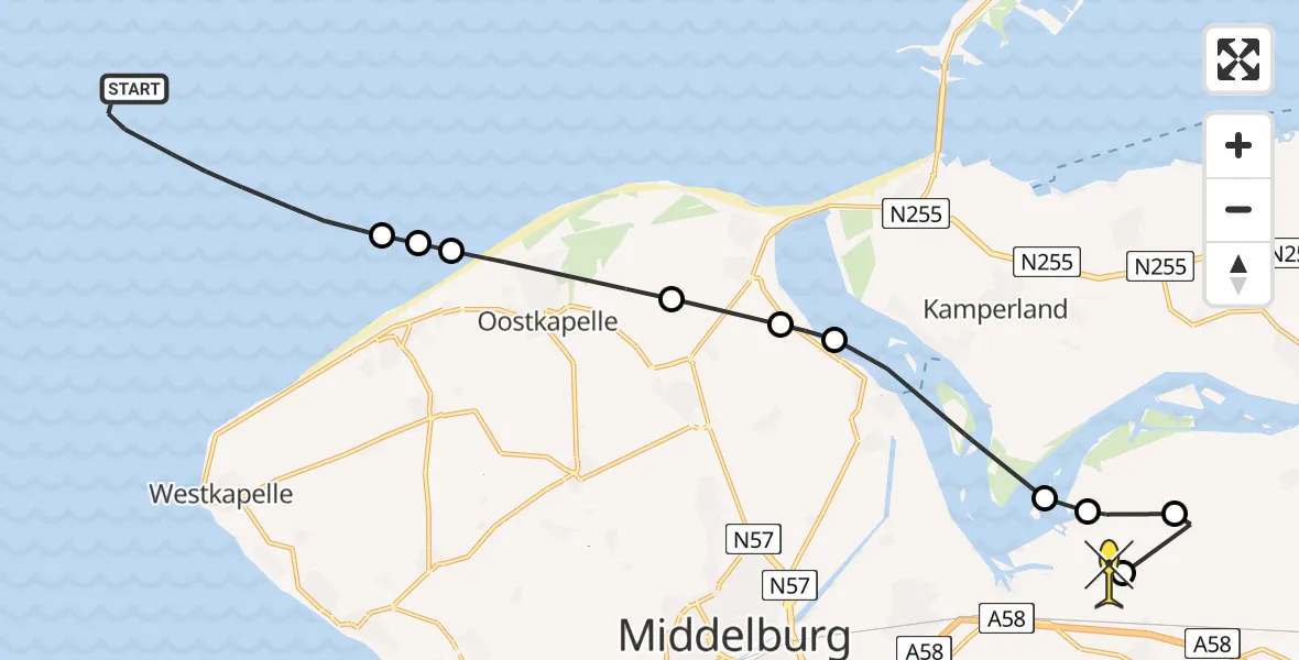 Routekaart van de vlucht: Kustwachthelikopter naar Vliegveld Midden-Zeeland, Calandweg