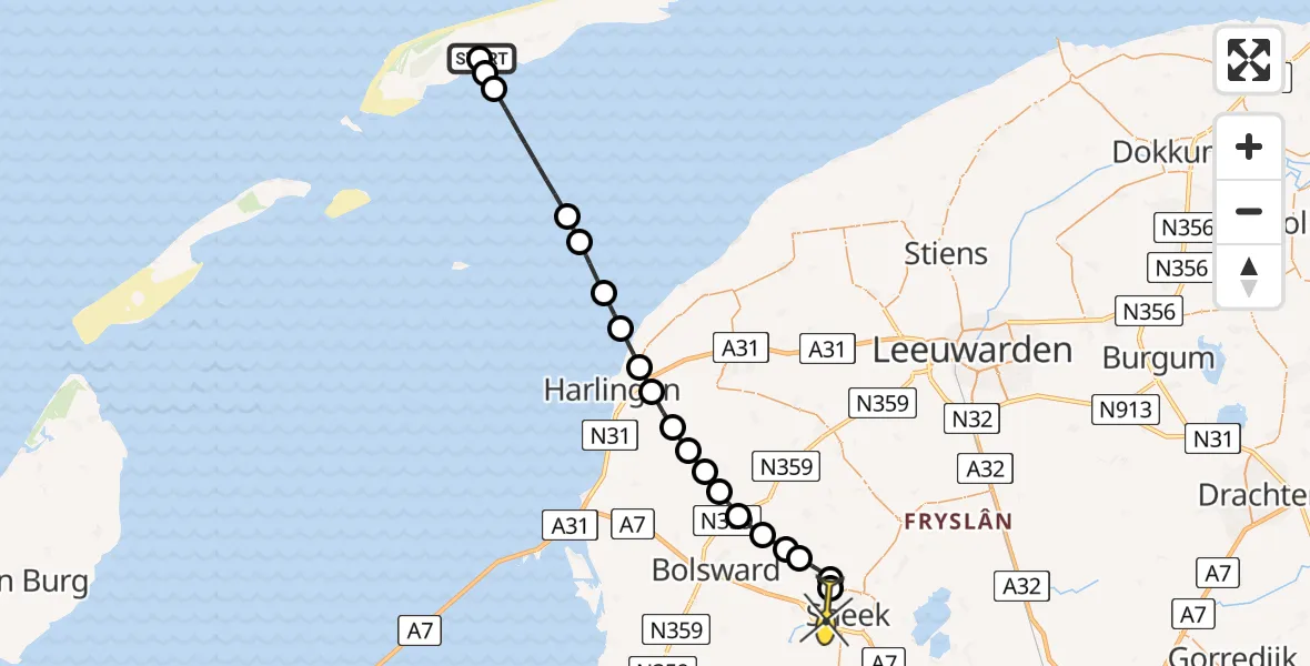 Routekaart van de vlucht: Ambulanceheli naar Sneek, Ponswiel