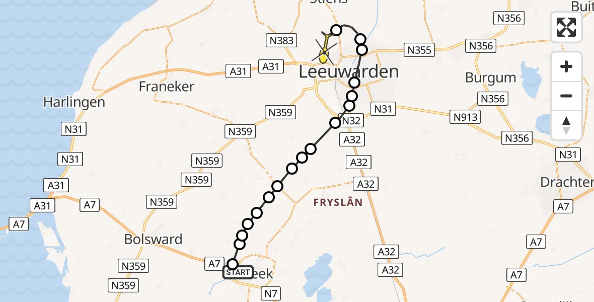 Routekaart van de vlucht: Ambulancehelikopter naar Vliegbasis Leeuwarden, Schoenmakersstraat
