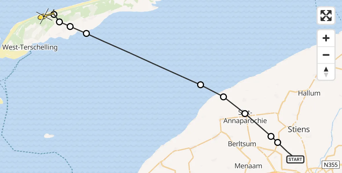 Routekaart van de vlucht: Ambulanceheli naar West-Terschelling, Keegsdijkje