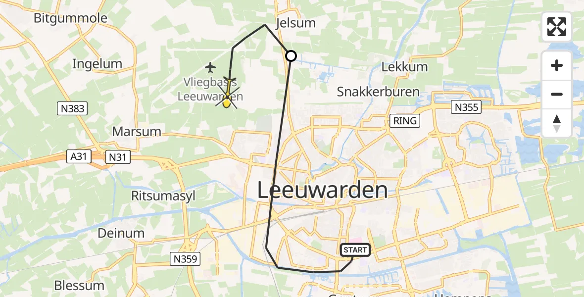Routekaart van de vlucht: Ambulanceheli naar Vliegbasis Leeuwarden, Nijlânsdyk