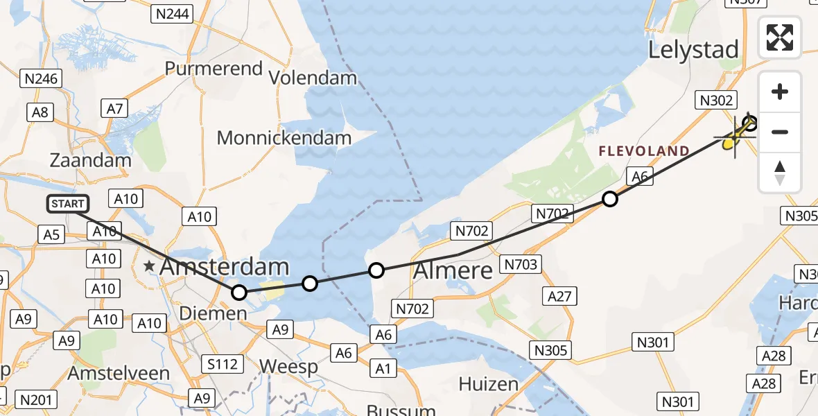 Routekaart van de vlucht: Traumahelikopter naar Lelystad Airport, Mattenbiesstraat