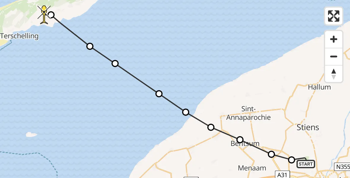 Routekaart van de vlucht: Ambulancehelikopter naar Midsland, Sirtemawei