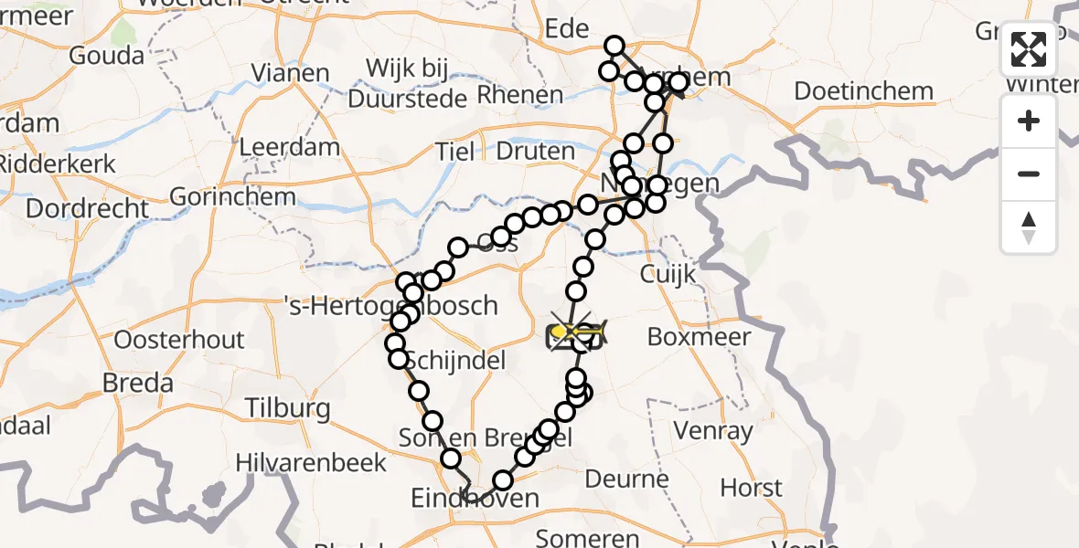 Routekaart van de vlucht: Politieheli naar Vliegbasis Volkel, Zeelandsedijk