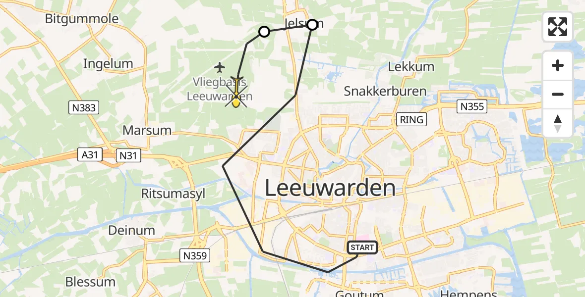 Routekaart van de vlucht: Ambulancehelikopter naar Vliegbasis Leeuwarden, Broukade