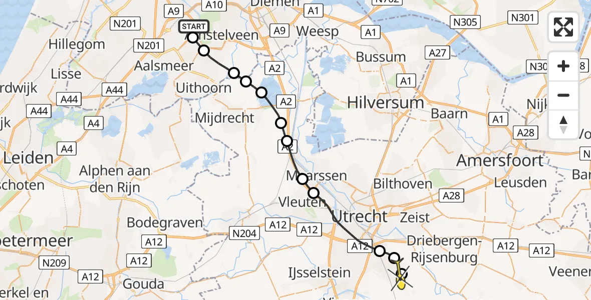 Routekaart van de vlucht: Politieheli naar Houten, Van Weerden-Poelmanweg
