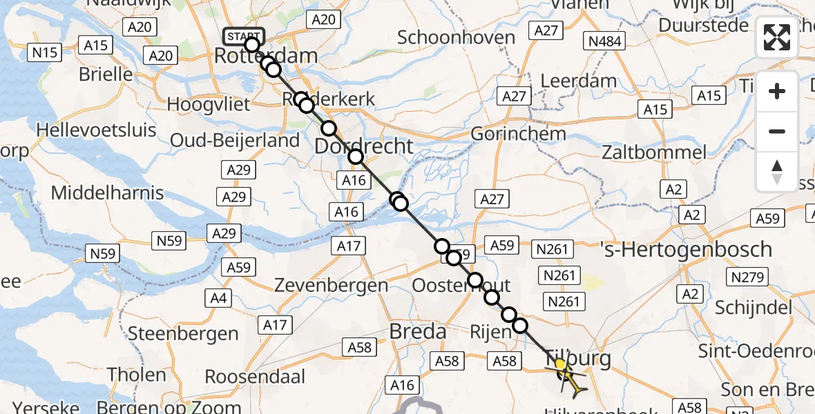 Routekaart van de vlucht: Lifeliner 2 naar Goirle, Zestienhoven