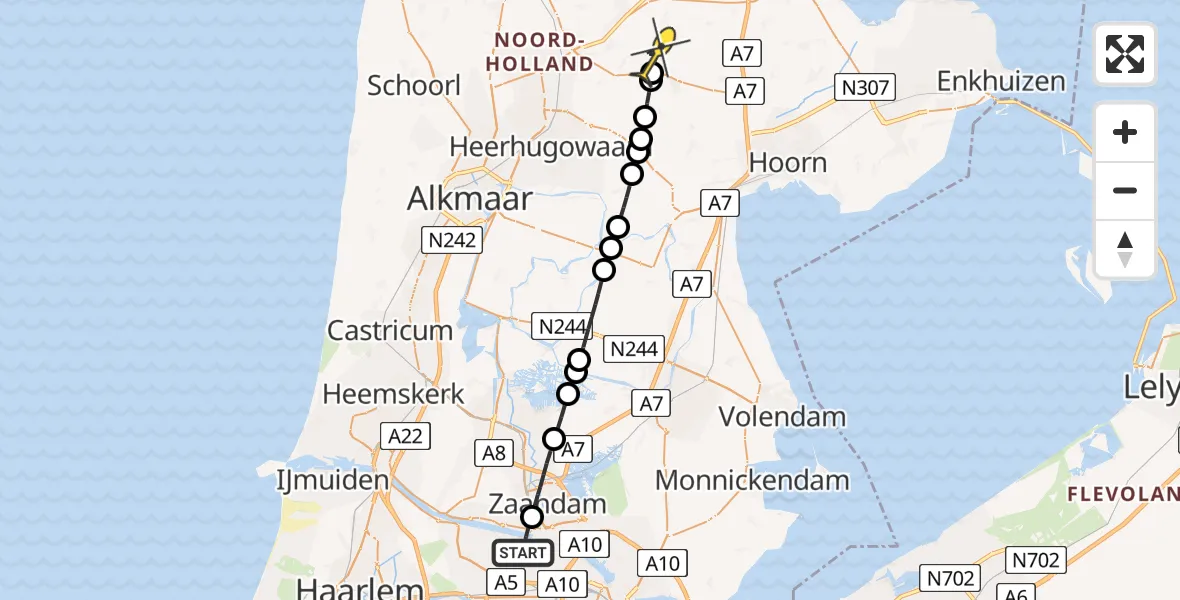 Routekaart van de vlucht: Lifeliner 1 naar Hoogwoud, Dwarstocht