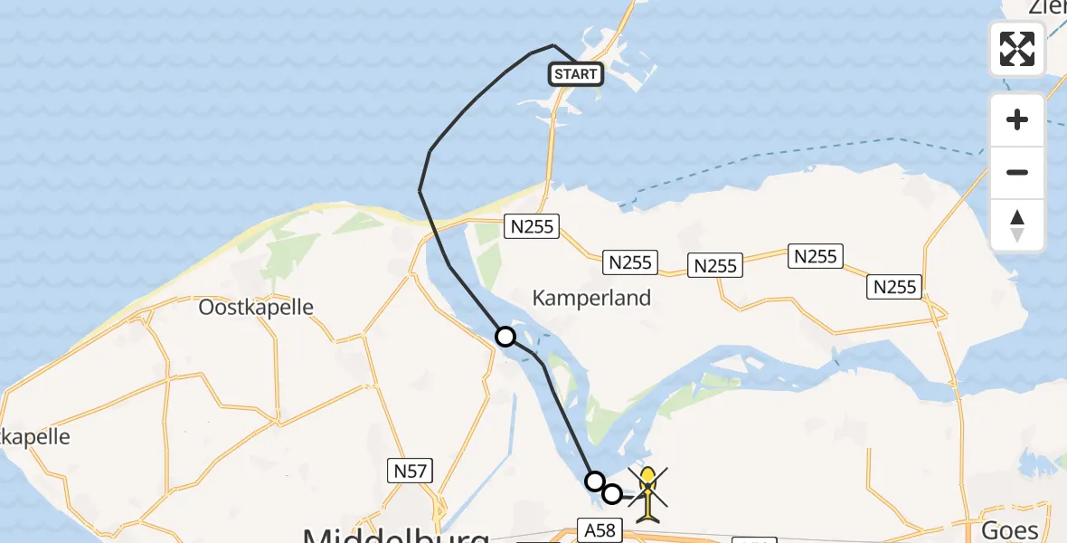 Routekaart van de vlucht: Kustwachthelikopter naar Vliegveld Midden-Zeeland, Naaktstrand