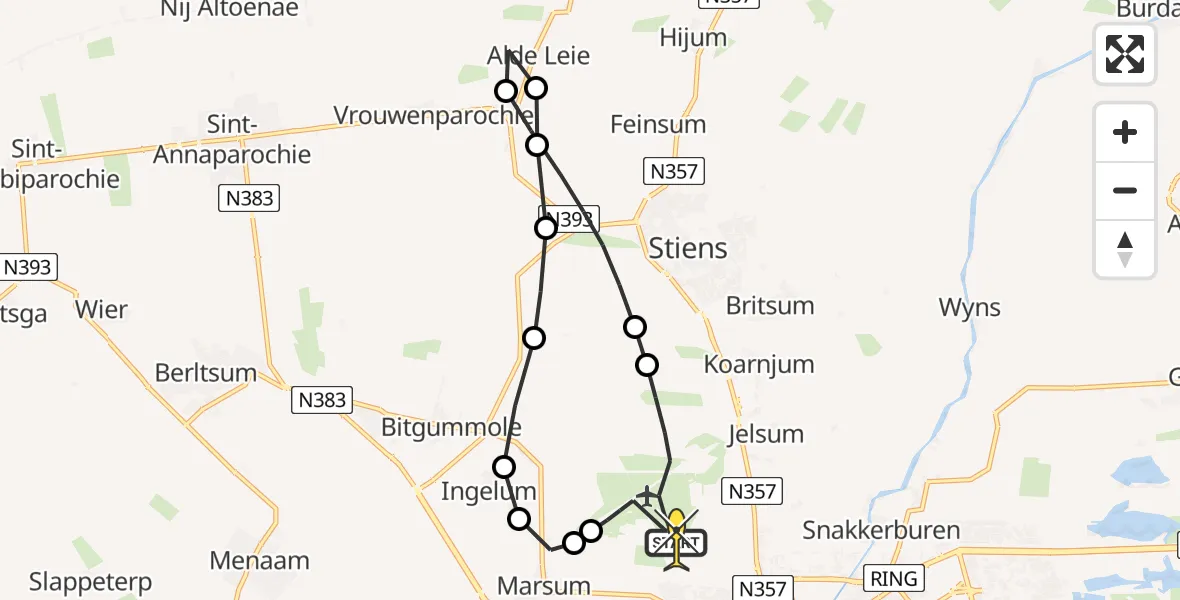 Routekaart van de vlucht: Ambulancehelikopter naar Vliegbasis Leeuwarden, Keegsdijkje