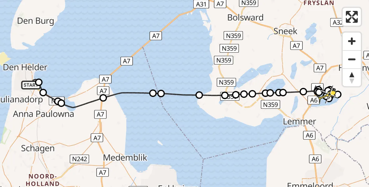 Routekaart van de vlucht: Kustwachthelikopter naar Oldeouwer, Oostoeverweg