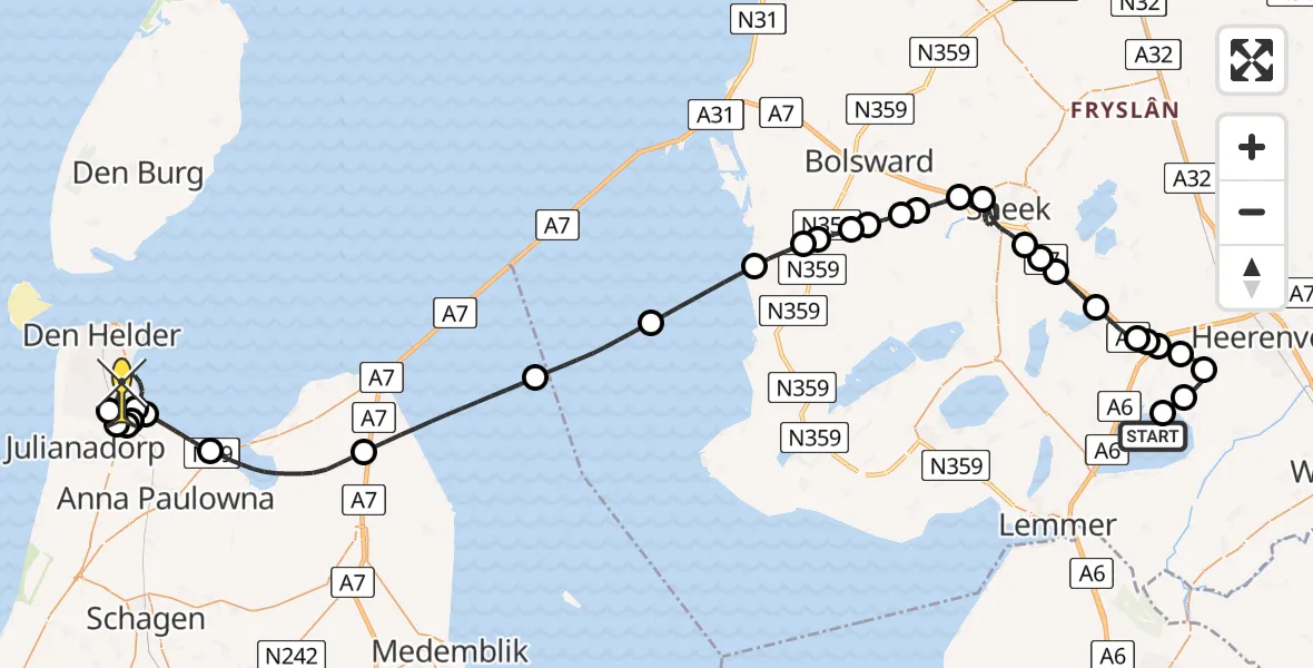 Routekaart van de vlucht: Kustwachthelikopter naar Vliegveld De Kooy, Meerweg