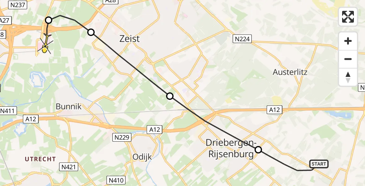 Routekaart van de vlucht: Lifeliner 3 naar Universitair Medisch Centrum Utrecht, Tussenpad
