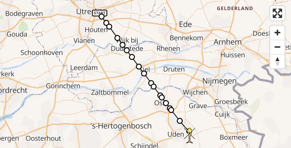 Routekaart van de vlucht: Lifeliner 3 naar Vliegbasis Volkel, Rijnsoever
